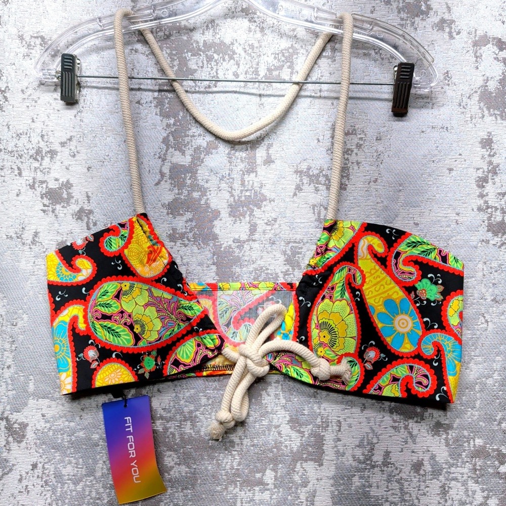 SHEIN SXY Womens Paisley Rope Tie Halter Crop Top Multicolor Cotton XS 2